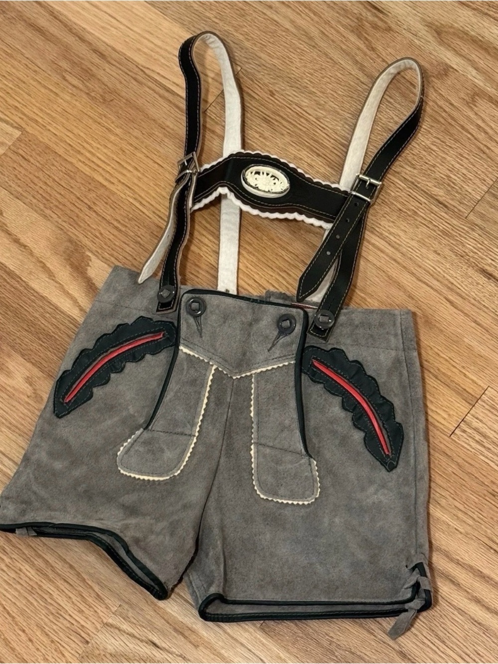 New Gray Boys leather Lederhosen Trachten Shorts with Red Accent